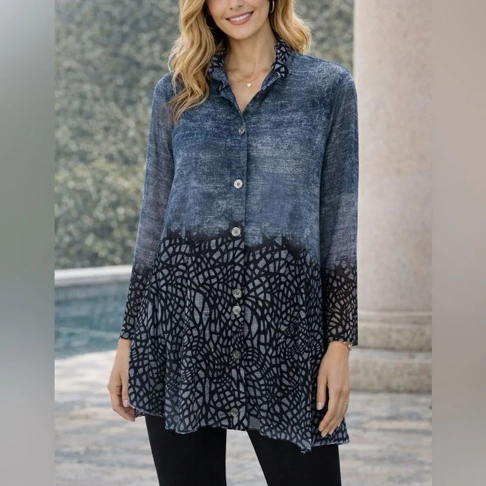 Damee Inc Blue Mesh Button Front Tunic Ruffle Collar Long Sleeve XL